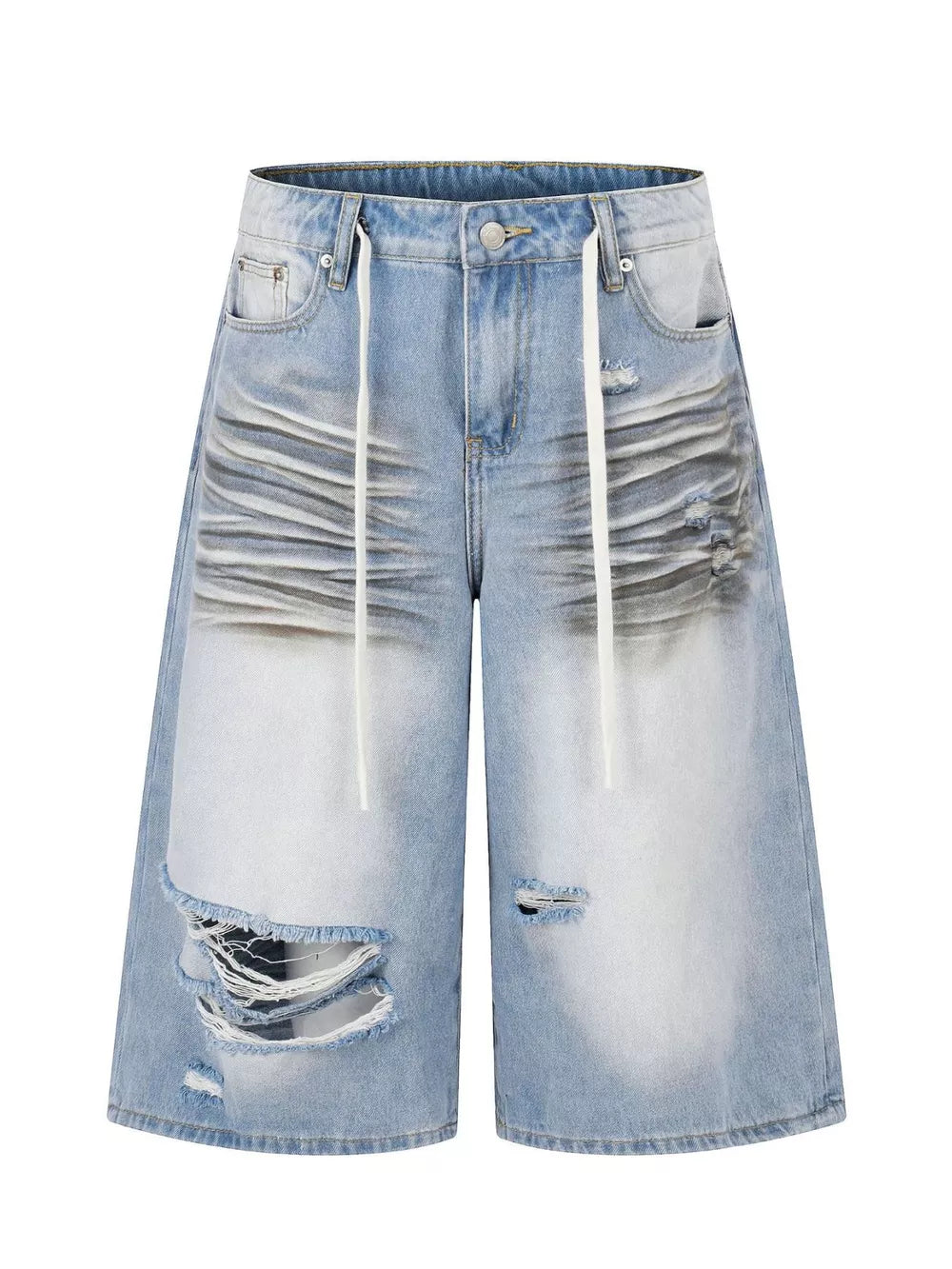 Men's light wash distressed wide-leg capri jeans with drawstring and ripped details.
