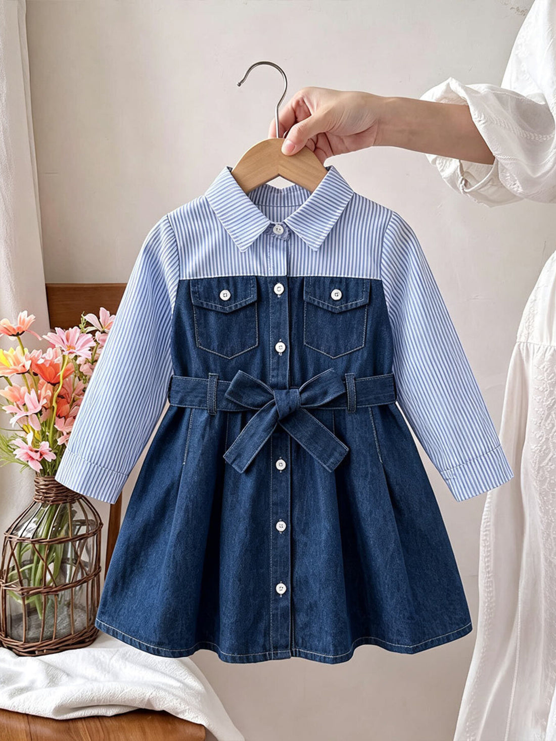 medium wash denim shirt dress with striped and collared