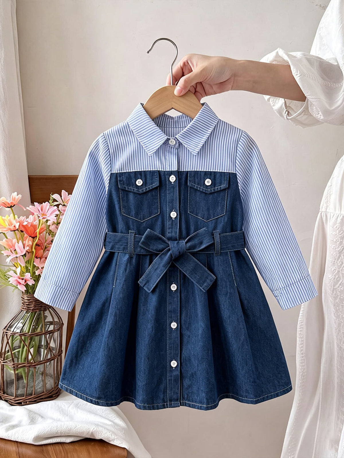 medium wash denim shirt dress with striped and collared