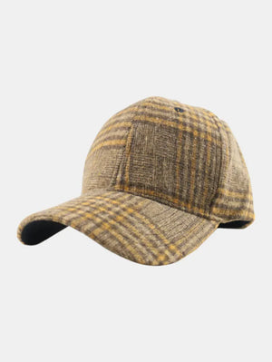 Checked plaid baseball cap in khaki with adjustable strap.