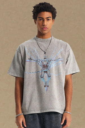 Acid wash graphic tee in gray with oversized fit and robotic chain graphic.