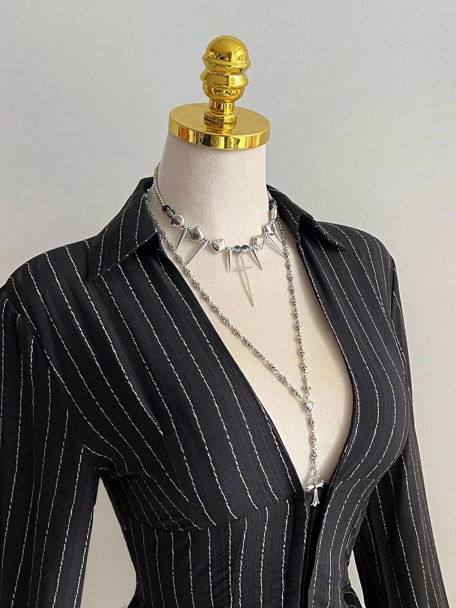 Striped Long Sleeve Fitted Blouse option 9