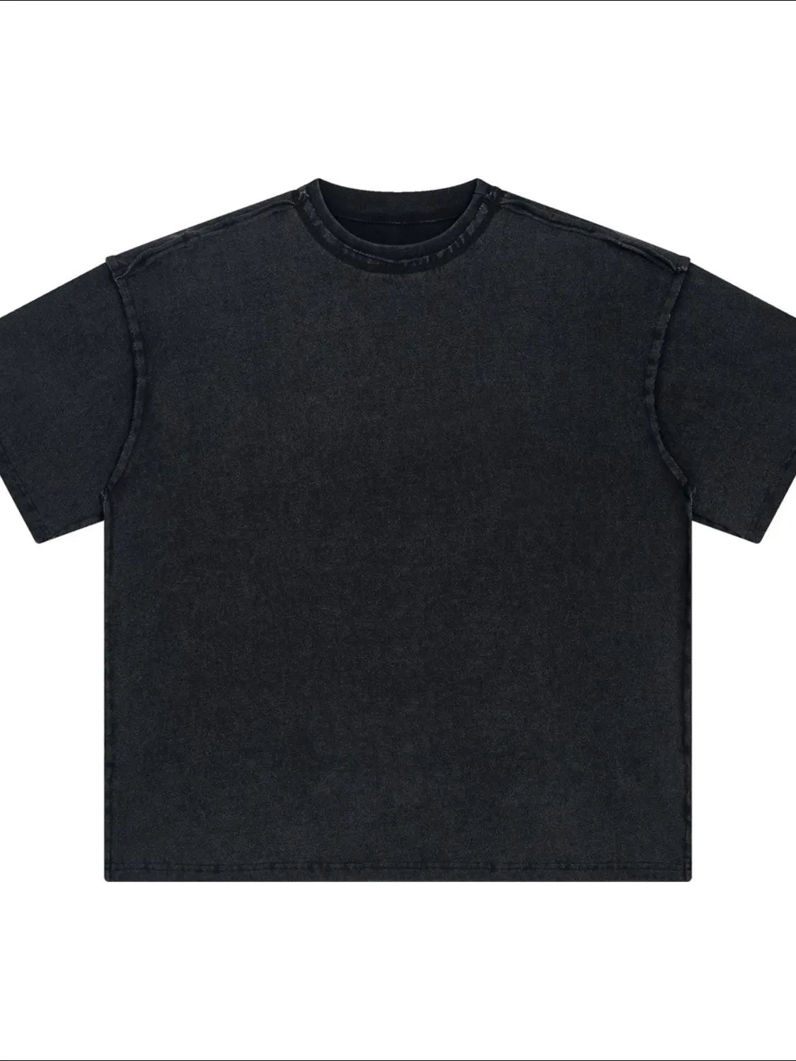 Black washed cotton t-shirt with raw seams and crew neck.
