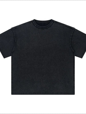 Black washed cotton t-shirt with raw seams and crew neck.