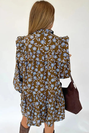 sky blue shirt dress featuring ruffled and floral