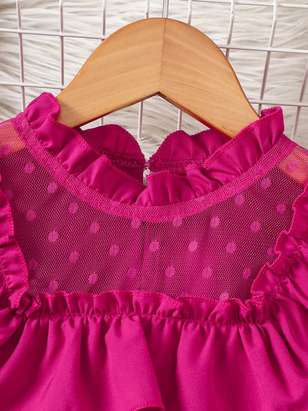 Children's Ruffled Mesh Top And Denim Skirt Set in Rose Red