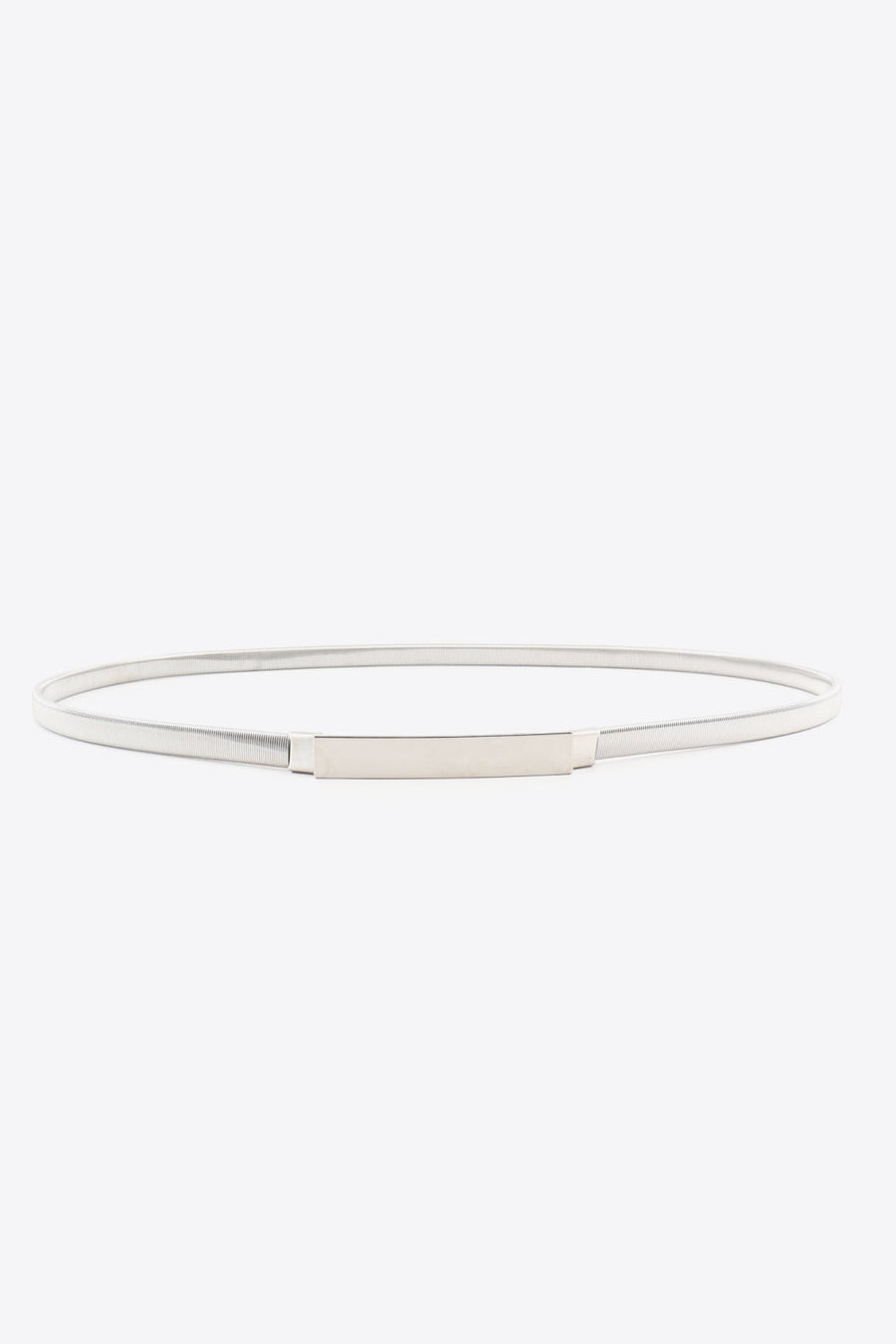 Silver slimline elastic waist belt with a rectangular buckle