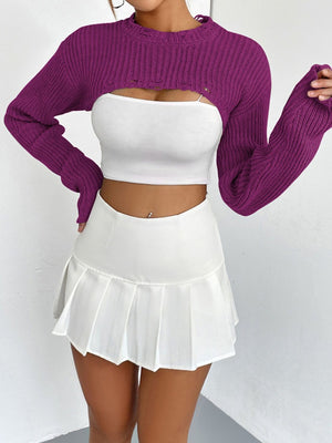 Fuchsia distressed knit bolero crop top with long sleeves and a raw hem.