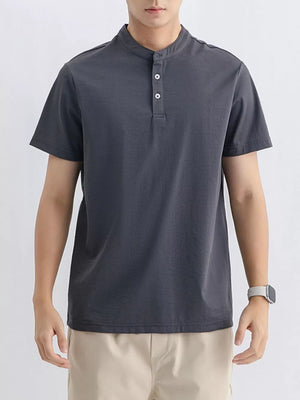 Men's dark gray short sleeve t-shirt with mandarin collar and two-button placket.