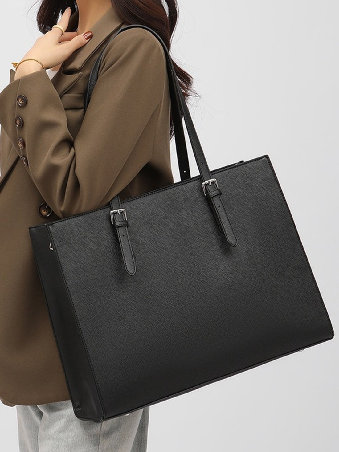 PU Leather Imported Size &amp tote in Black with boxy silhouette