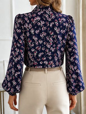 Printed Bow-Tie Neck Long Sleeve Blouse in Pale Blush with bow-tie neck