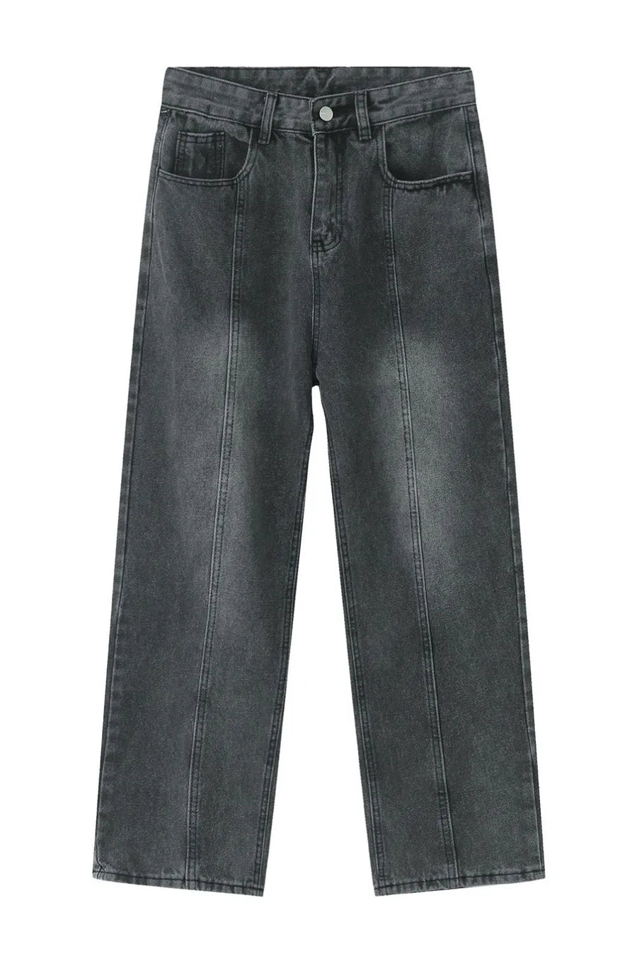Dark wash denim jeans with vertical seam detail and straight leg cut.
