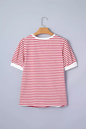 Maternity t-shirt with red and white stripes, puff sleeves, and crew neck.