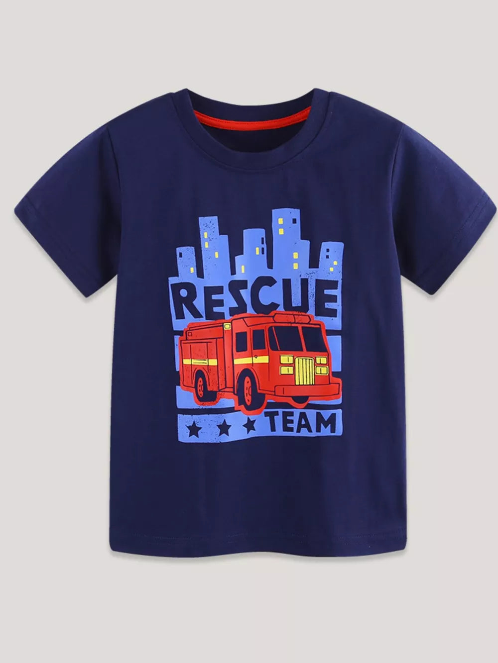 Navy cotton t-shirt with a red fire truck and city graphic, short sleeves, crew neck.