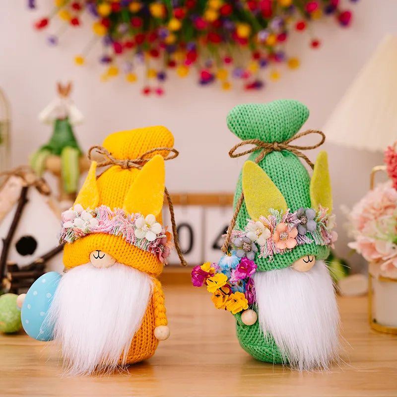 Easter gnomes in yellow and green with bunny ears, floral crowns, and white beards.