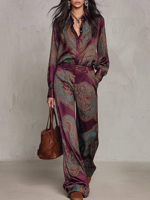 burgundy matching set with paisley and collared