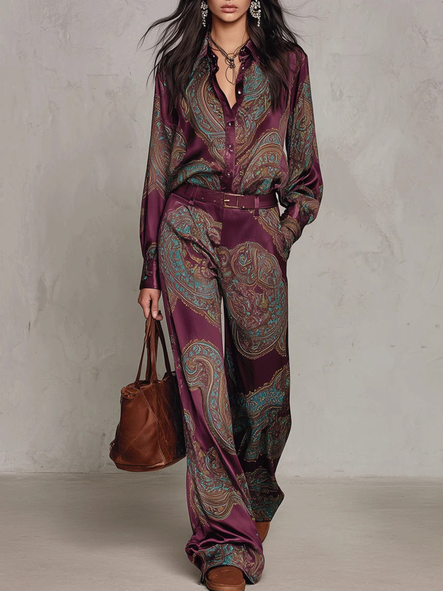 burgundy matching set with paisley and collared