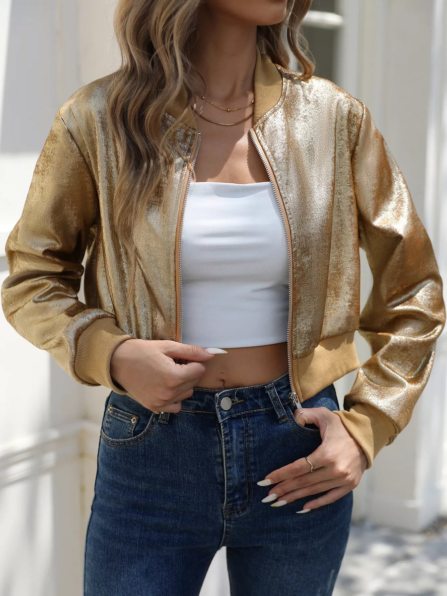 Gold zip up cropped bomber jacket with textured fabric and ribbed cuffs