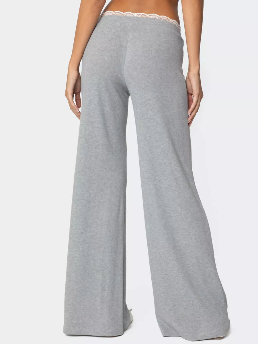 Grey wide leg pants with lace trim waistband