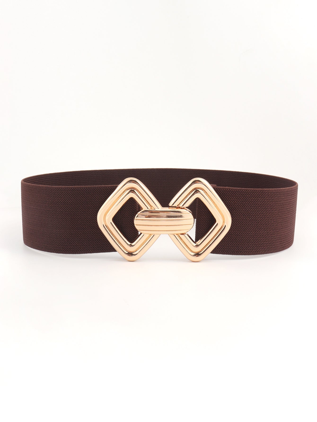 Chocolate elasticated belt with gold geometric buckle detail