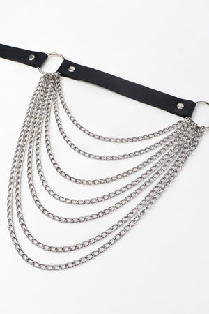 Black leather waist harness with cascading silver chains and silver hardware.
