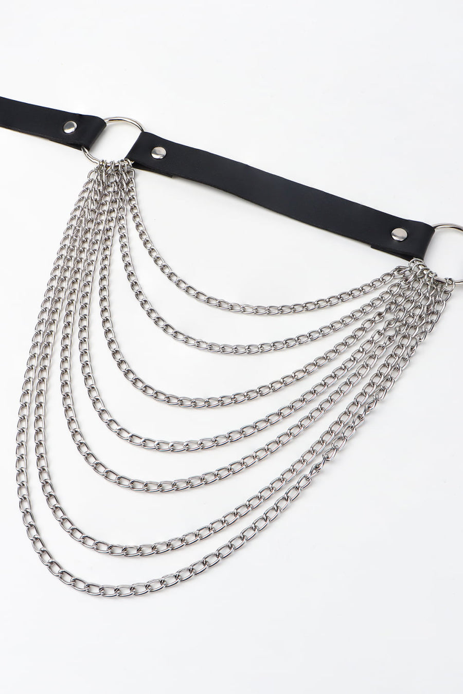 Black leather waist harness with cascading silver chains and silver hardware.