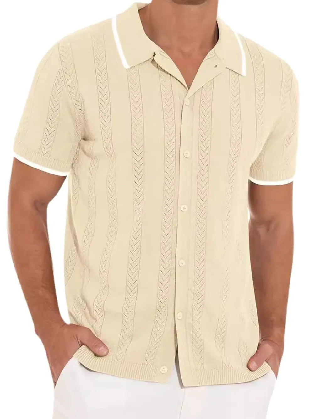 Beige textured knit polo shirt with contrast trim and button front.