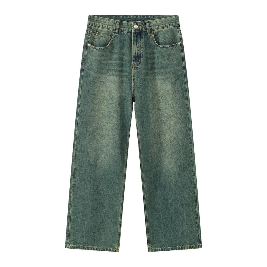 Wide-leg denim trousers in a faded green wash with a relaxed fit.