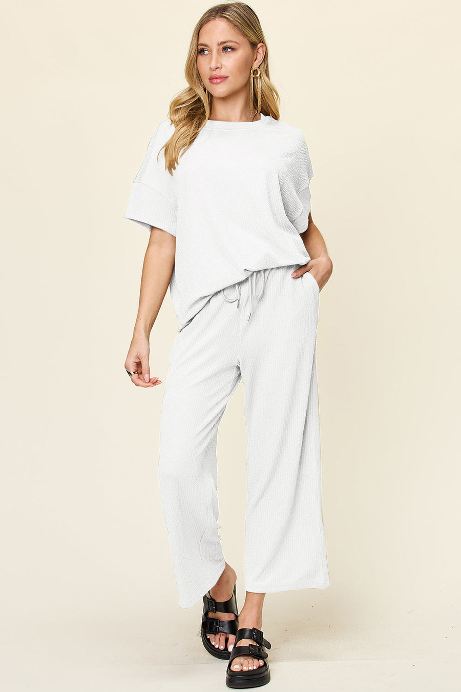 White waffle knit lounge set with drawstring pants and short sleeve top