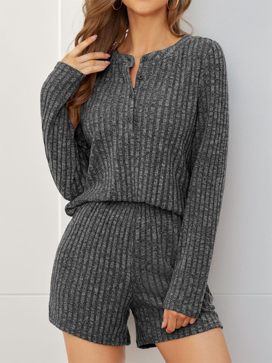 Dark Gray ribbed henley loungewear set with button detail and shorts.