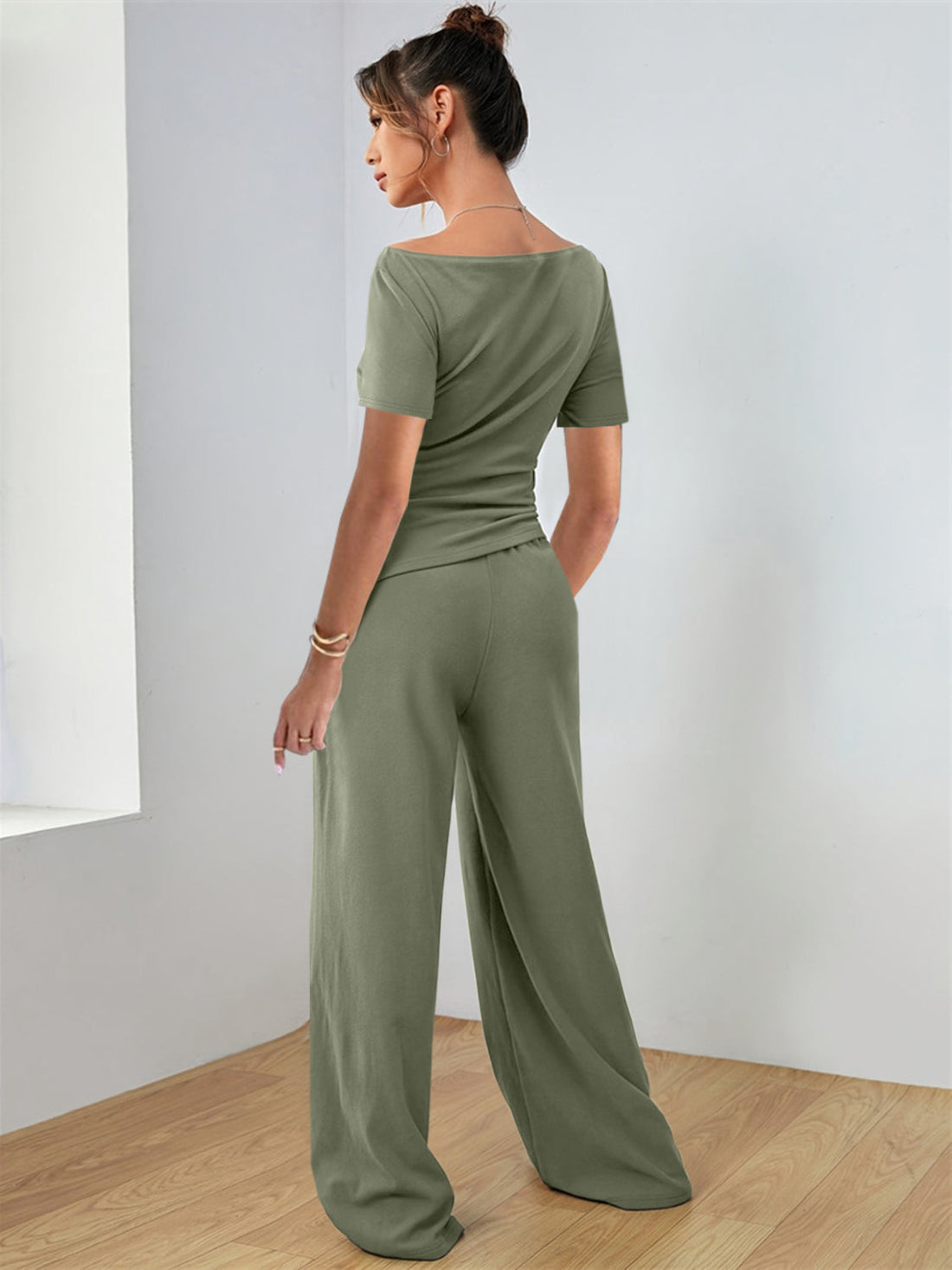 Sage boat neck jersey co-ord set with wide leg pants and short sleeves