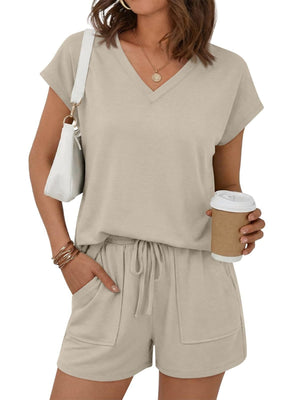 V-neck top and drawstring shorts set in apricot with pockets and a relaxed fit.