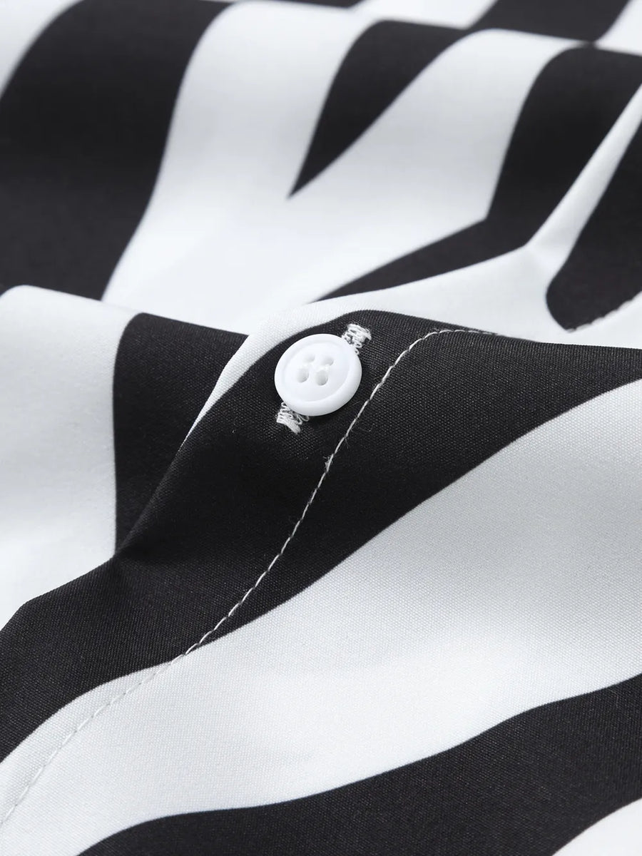 Black and white striped shirt with a white button detail