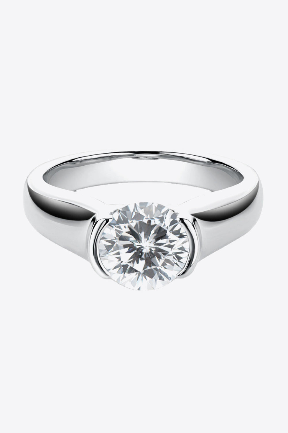 Silver platinum ring with bezel-set moissanite solitaire diamond