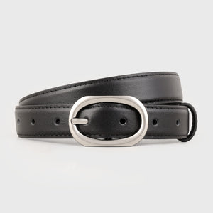 Black leather belt with brushed silver oval buckle