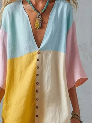 Yellow with Color Block V-neck Mini Dress