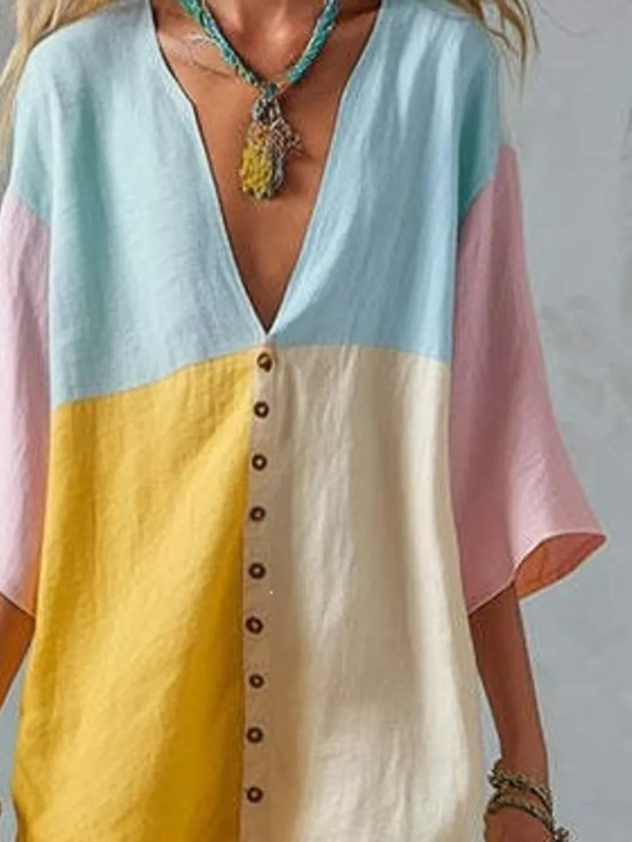 Yellow with Color Block V-neck Mini Dress