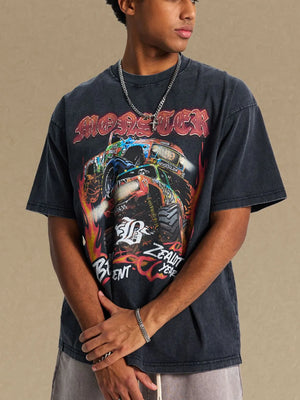 Black vintage graphic tee with monster truck and flames design.