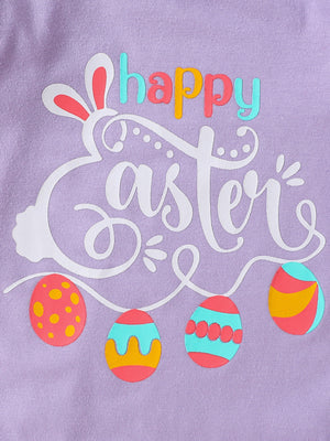 Lavender baby set with happy Easter graphic and colorful eggs.