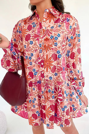Dusty Pink Fall Flower Print Long Sleeve Mini Dress