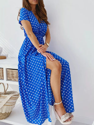 Dusty Pink Polka Dot Surplice Maxi Dress With Slit