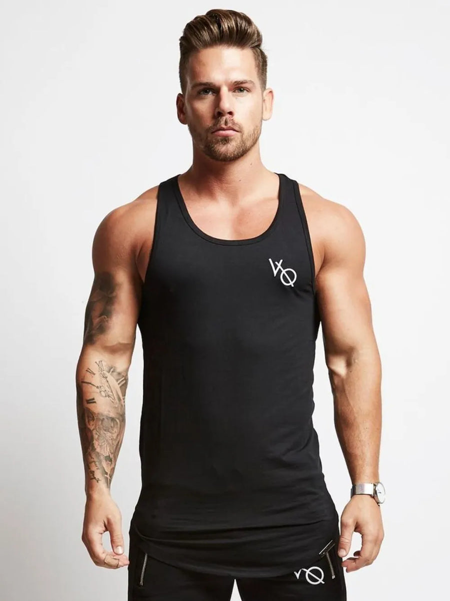 Black racerback tank top with roundneck and white logo detail.