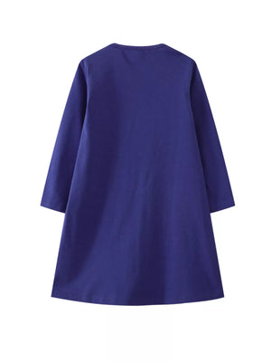 Navy long-sleeve baby dress with applique detail.