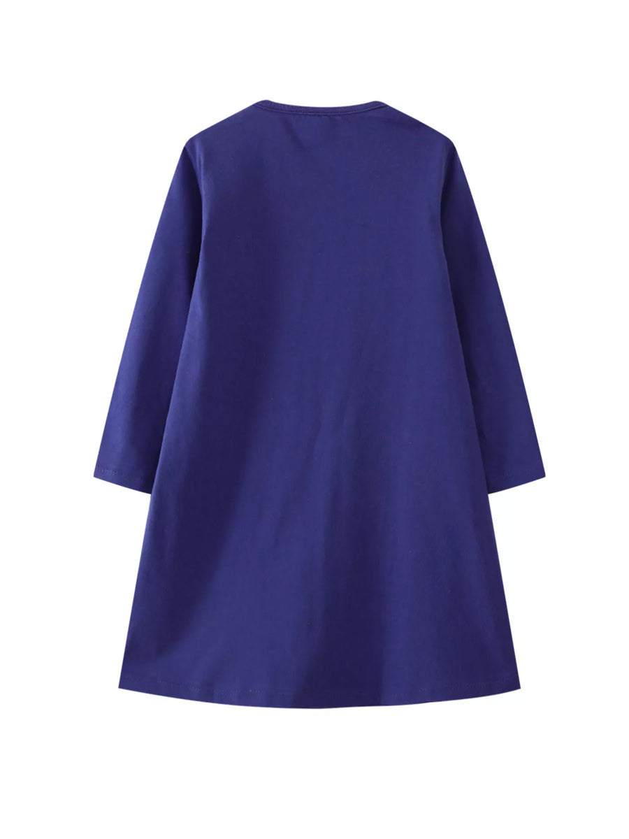 Navy long-sleeve baby dress with applique detail.