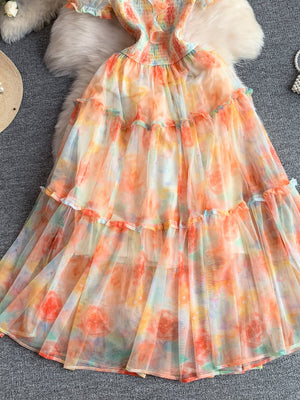 Tiered mesh maxi dress with floral print and ruffled trim