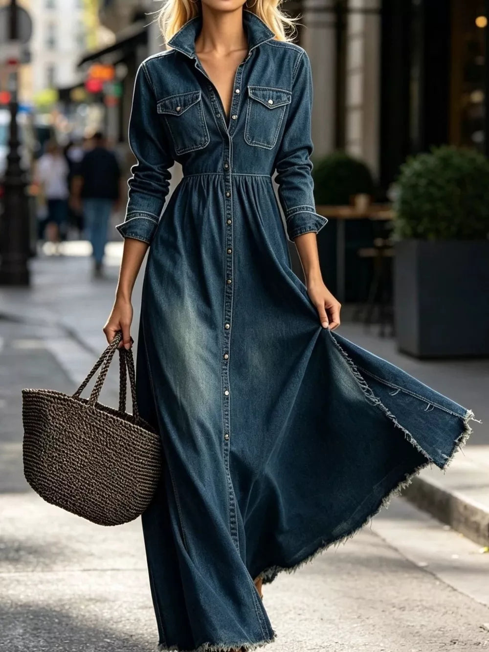 maxi dress in denim blue featuring buttoned and fit-and-flare fit