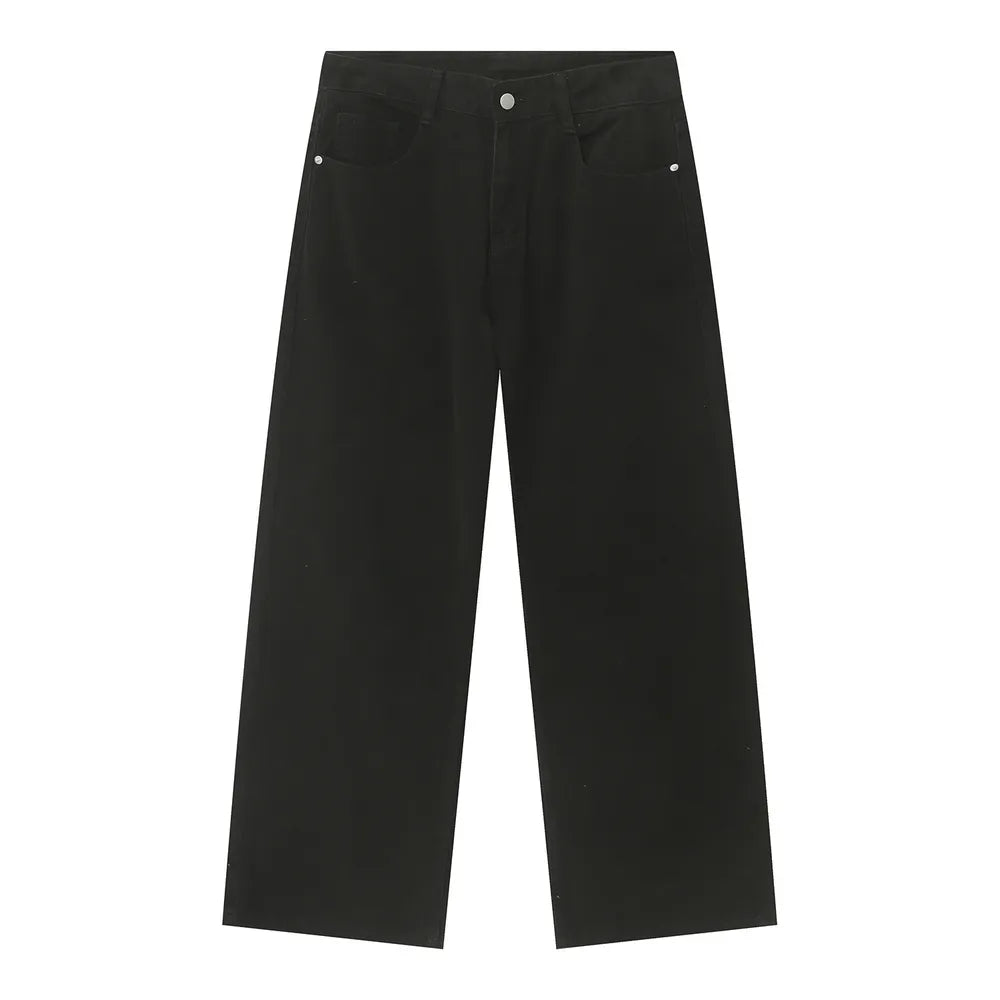 Black wide-leg denim jeans with a relaxed fit and classic five-pocket styling.