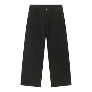 Black wide-leg denim jeans with a relaxed fit and classic five-pocket styling.