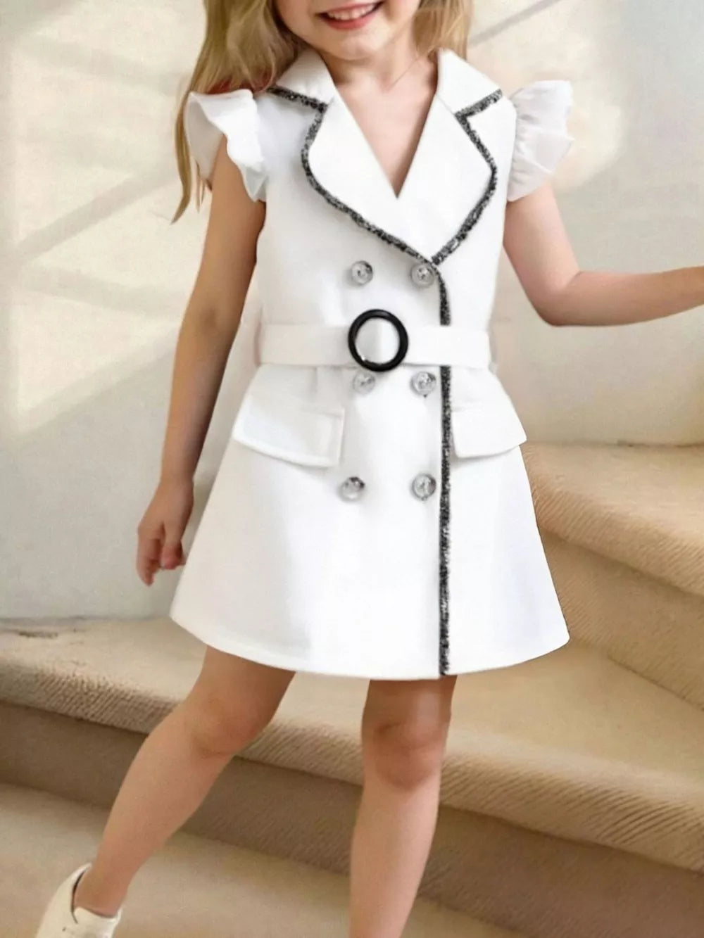 White double-breasted toddler dress with belt and ruffled sleeves