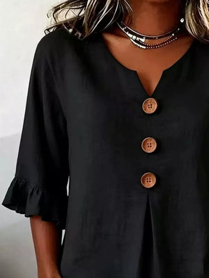 Black Casual Ruffle-sleeve Decor-button Top Plus Size